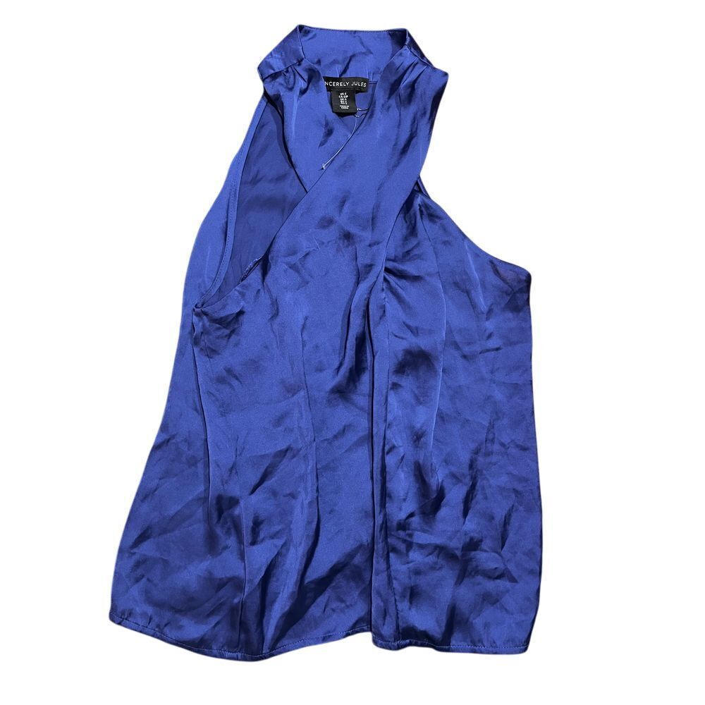 Sincerely Jules Royal Blue Sleeveless Silk-Like Wrap Blouse Top Size Small‎